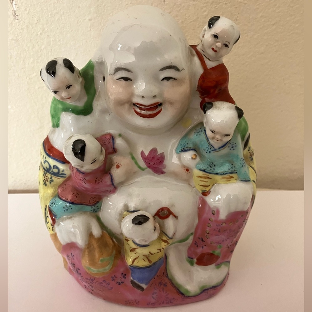 Vtg Porcelain Laughing Buddha Large Chinese Famille Rose Porcelain Statue